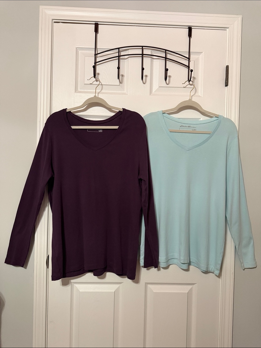 Eddie Bauer Long-Sleeve V-Neck Tops - Plum and Light Blue